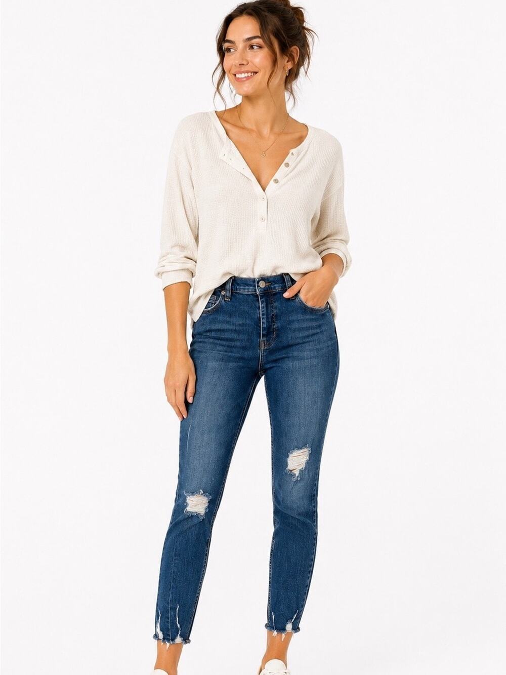 FREE PEOPLE Distressed Raw Hem Mid Rise Skinny Medium Blue Wash Jeans sz 26 x27